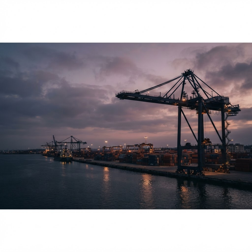 Container shipping port at dusk with a ship-to-shore gantry crane silhouetted against a rose and navy sky